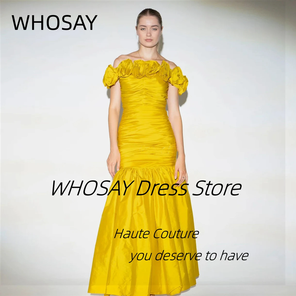

WHOSAY Handmade Flowers Neckline Prom Dresses Zipper Back Birthday Party Dress Ruched Vestidos Des Evening Gowns Customized