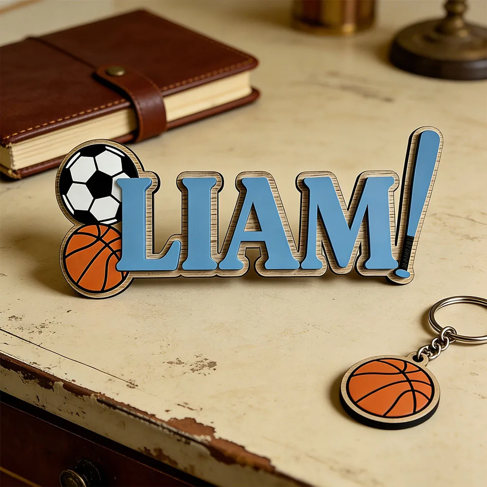 Custom Soccer Basketball Name Plaque for Boys Bedroom Unique Sports Bat Themed Wooden Door Hanger Gift