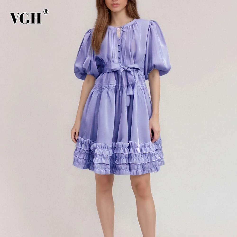 

VGH Patchwork Ruched Elegant Dress for Women O Neck Short Sleeve Spliced Lace Up Temperament Big Size Dresses Female Summer New