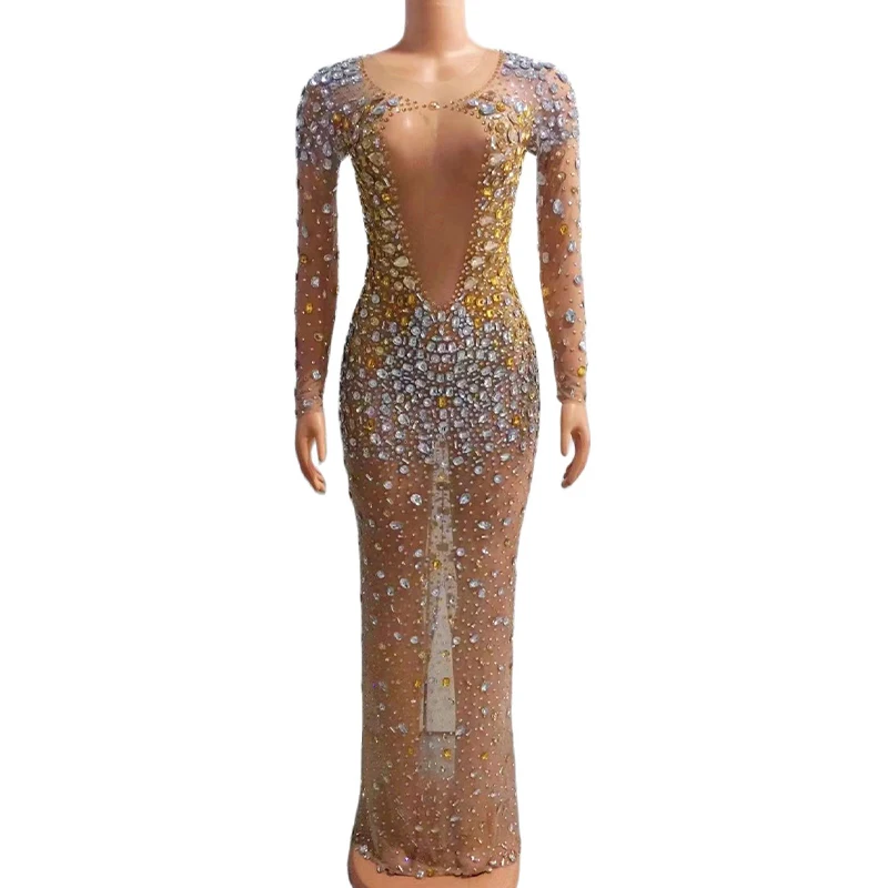 

Sexy Silver Gold Crystals Transparent Mesh Long Dress Dancer Performance Rhinestones Outfit Birthday Celebrate Dance Collections