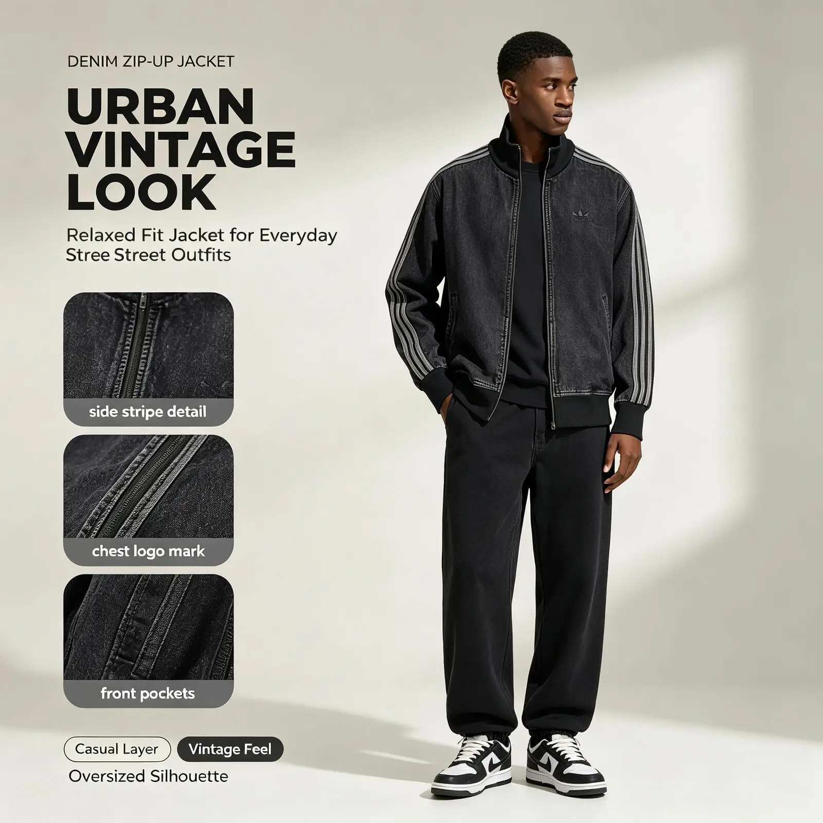 New Adidas Genuine Black Washed Denim Track Jacket Men Oversized Zip-Up Stand Collar Streetwear Jacket Vintage Casual Outerwear