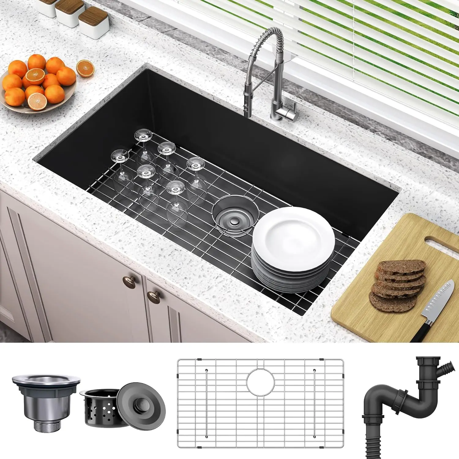 black kitchen undermount sink 32in single bowl 16 gauge stainless steel nano gunmetal black sink with accessories