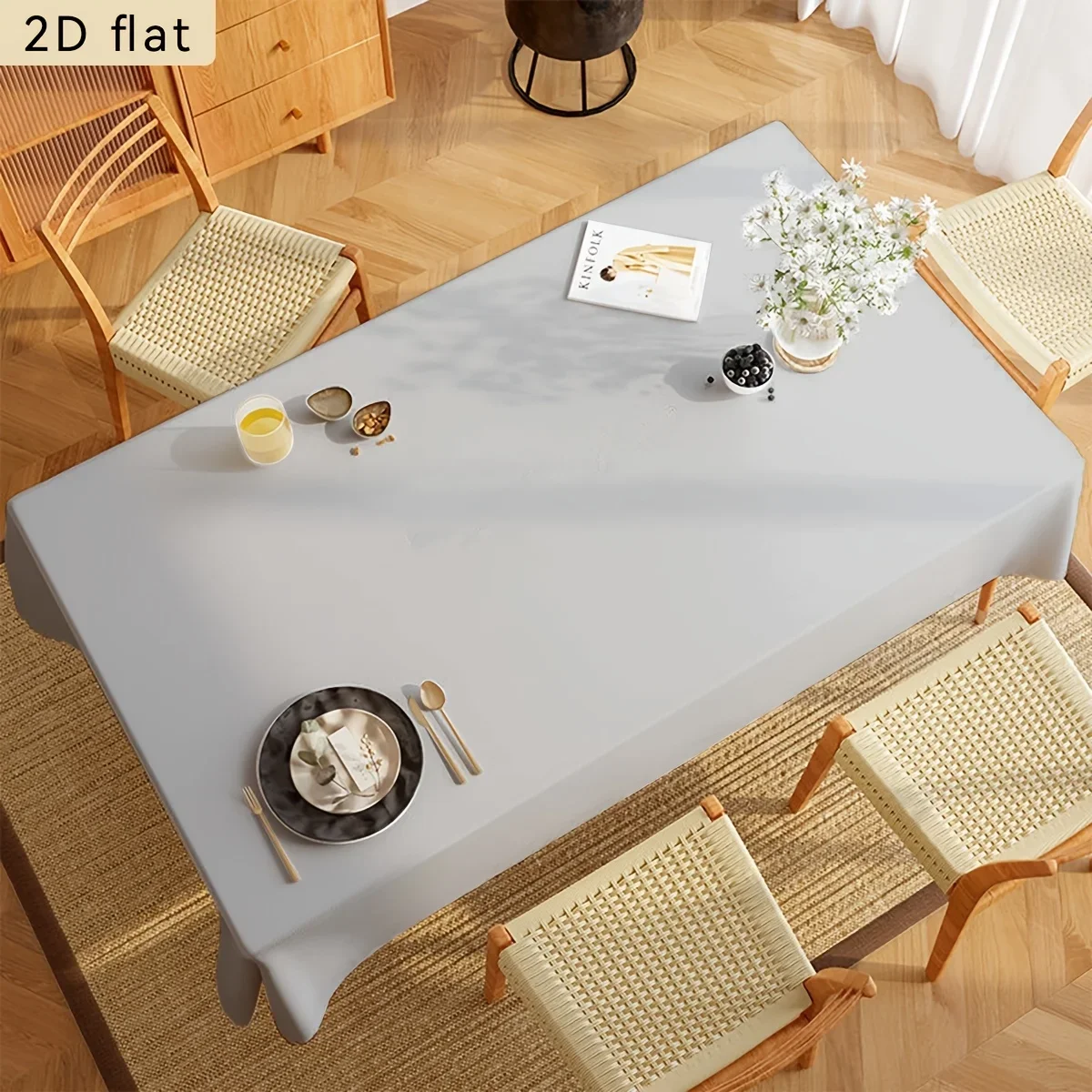 One light gray solid-color tablecloth, 2D flat decoration for rectangular kitchen and dining table.