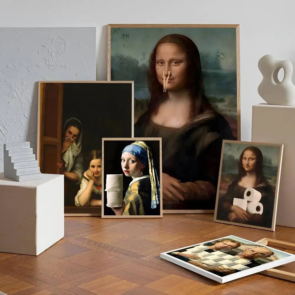 1pc drôle salle de bain toilette Mona Lisa portant des perles fille affiche auto-adhésif Art papier imperméable autocollant chambre décoration murale