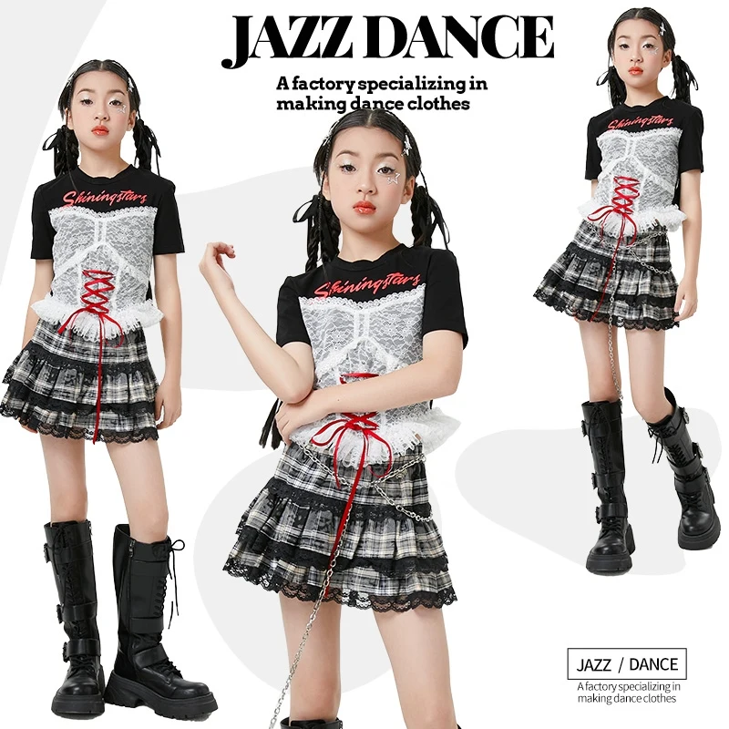 

2025 Children Ballroom Hip Hop Dance Costumes For Girl Lace Patchwork Top Cake Skirt Kpop Outfits Jazz Performance Wear DQS19288
