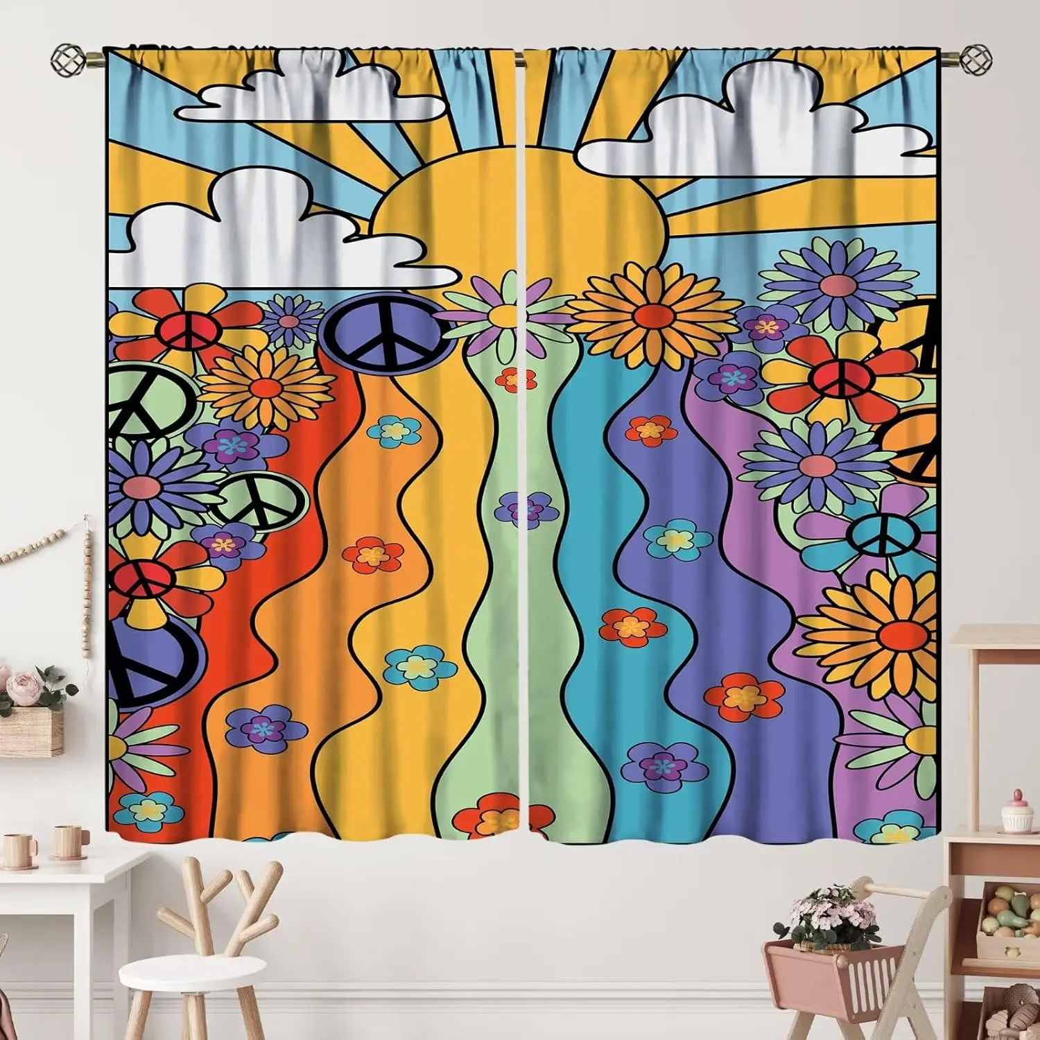 Hippie Peace Sign Curtains Rainbow Flower Power Print for Bedroom Window Retro Decor