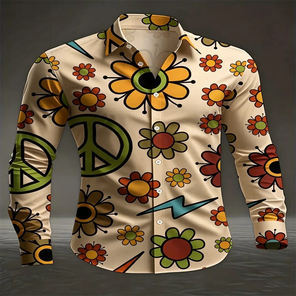 Men Hippie Floral Peace Sign Print Shirts Long Sleeve Button‑Up Retro Costume Casual Holiday Party Streetwear Men Clothing