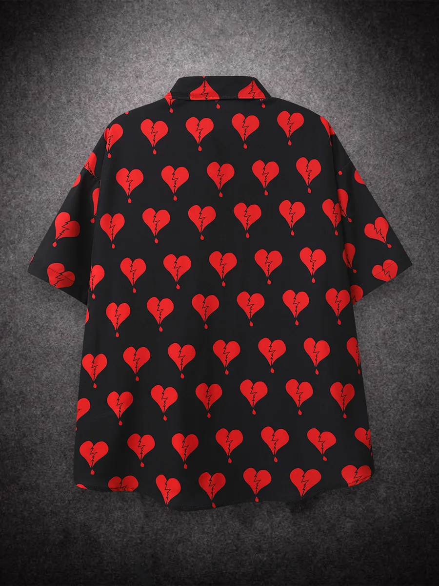 Oversized Loose Shirt Men Print Heart Retro Hiphop Short Sleeve Casual Shirts for Summer Beach Hawaiian Clothing