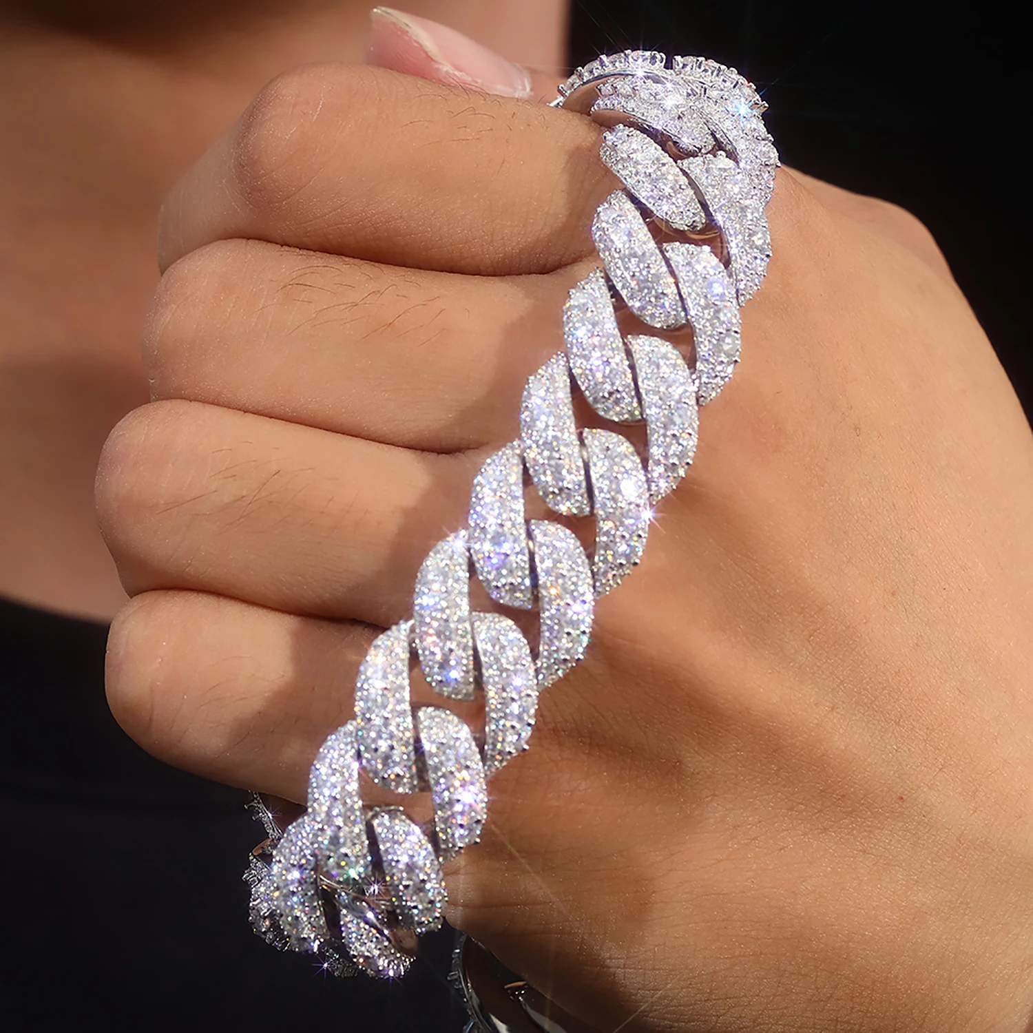 

Прованс 18 мм мужской браслет Майами кубинская цепочка серебряная широкая цепочка в стиле хип-хоп на каждый день три ряда муассанит панк ретро ювелирные изделия подарки