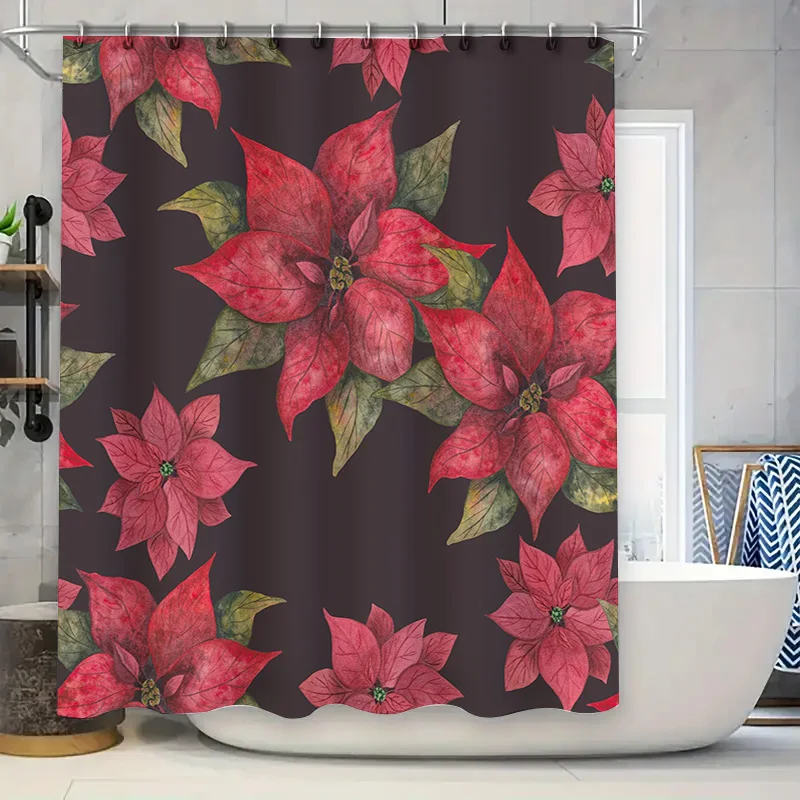 

Рождественский цветочный комплект занавесок для душа, яркий красный дизайн пуансеттии для декора ванной комнаты, акварельные растения, коврик для ванной и комплект крючков