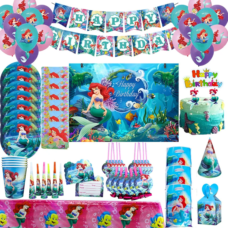 Disney Little Mermaid Party Decoration Birthday Disposable Tableware Supplies Paper Plates Cups Tablecloth Balloons Baby Shower