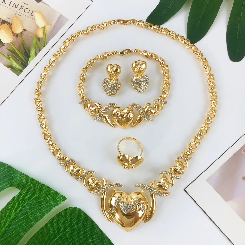 ESALE Hot selling Women XOXO Jewelry Set Gold Plated Heart Necklace Bride Wedding Necklace Earrings Bracelet Ring Set Gift