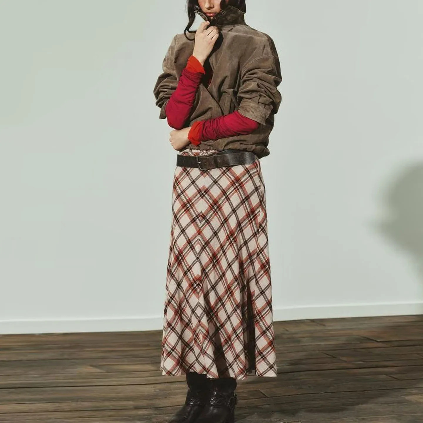 Z レディース ミディスカート 2025 新作 おしゃれ 多用途 エレガント チェック柄 ミッドウエスト ミディスカート 女性用 デイリーウェア その他素材