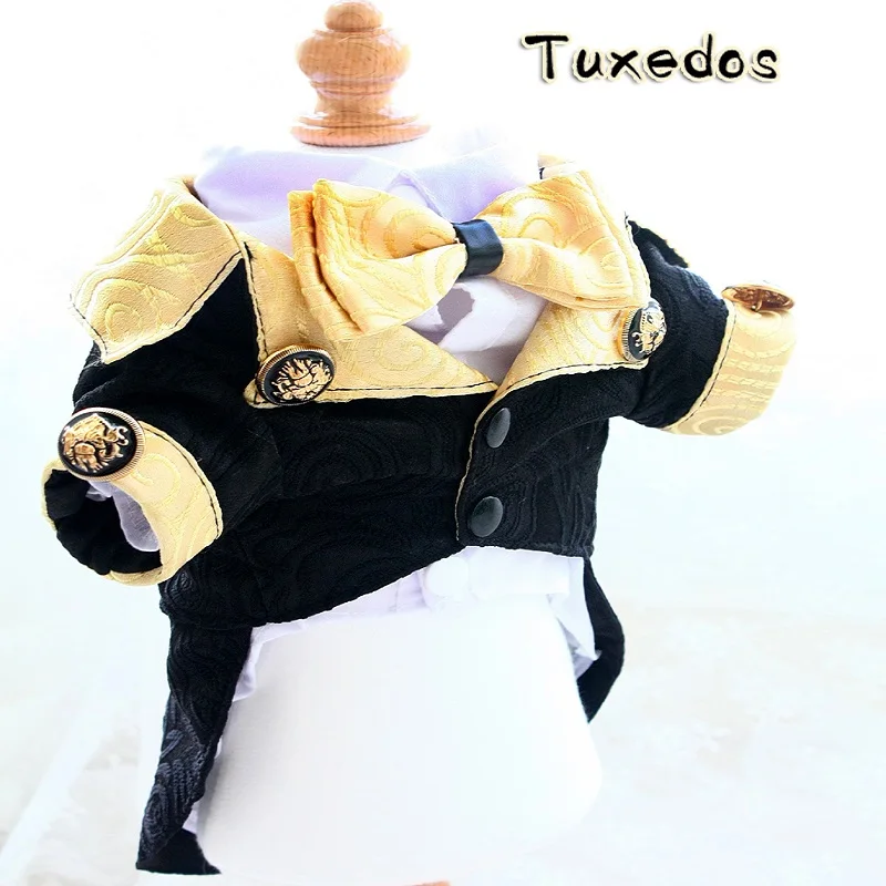 Handmade Dog Clothes Luxurious Pet Supplies Wedding Suit Jacket Twin Set With Shirt Black Gold Bow Tie Handsome Tuxedo Yorkie