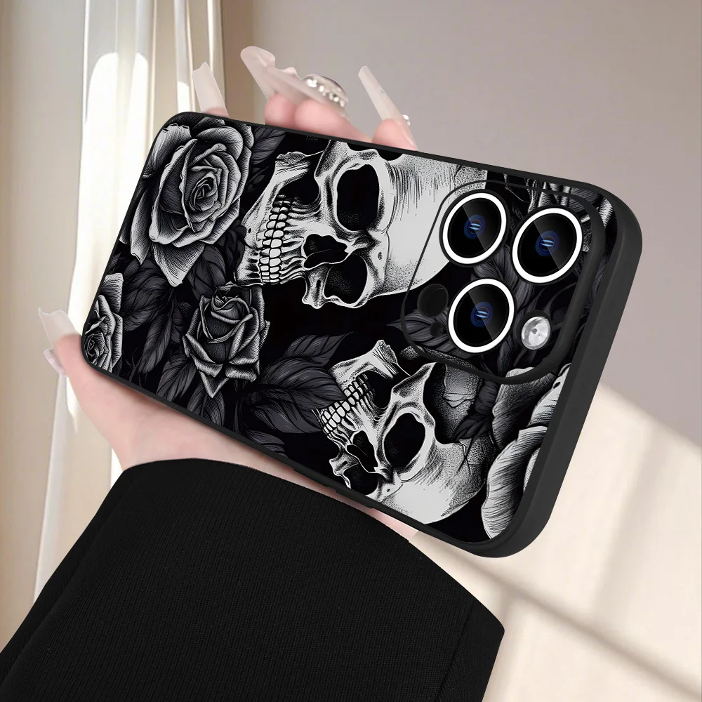 

Dark skeleton rose pattern phone case for iPhone 17 16 15 14 13 12 11 Pro/ Max/Plus shock-proof rear cover anti-fingerprint