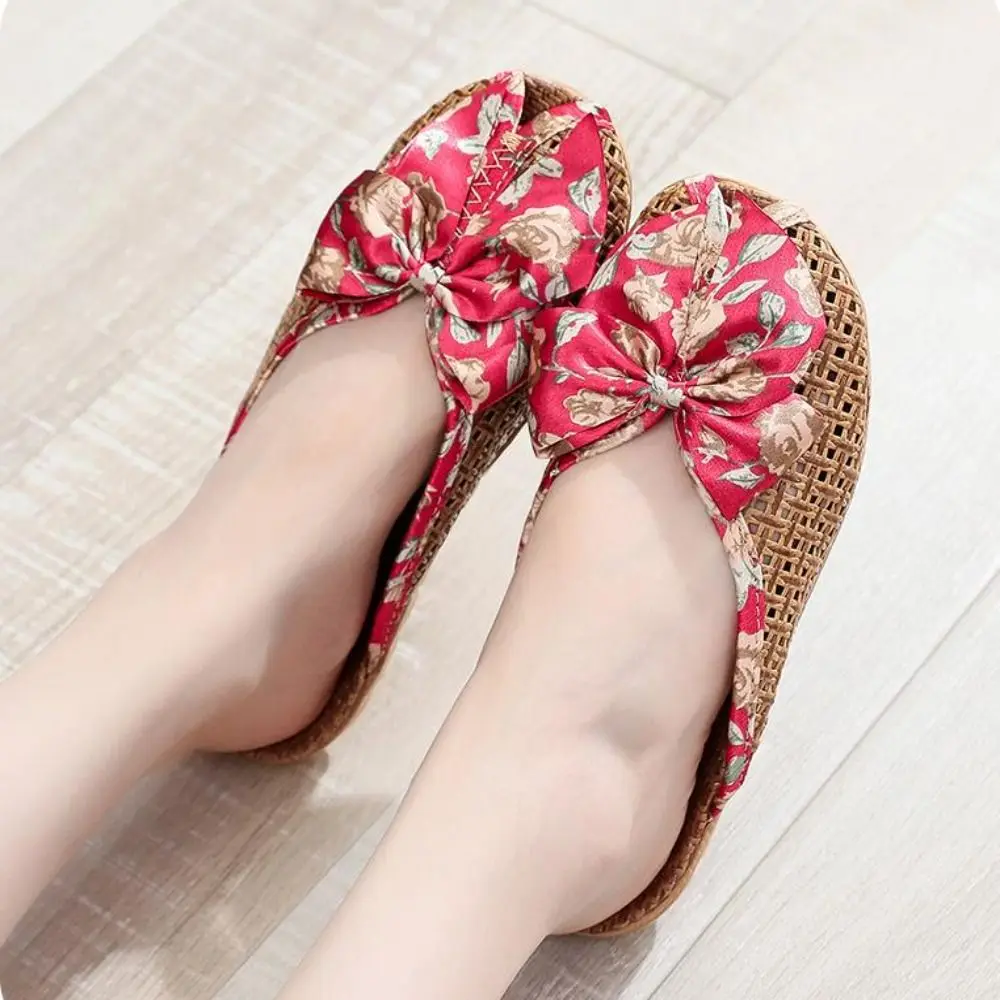 

Comfortable Sweet Bow Linen Slippers Flat Hollow Out Closed-toe Sandals Peep-toe Non-Slip Slippers Women Women