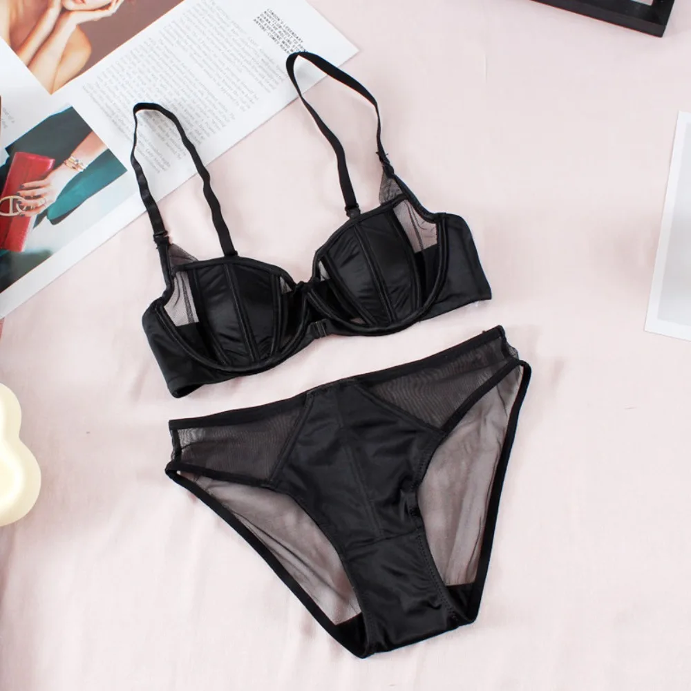 MOYISU Ensemble Soutien-gorge et Culotte en Dentelle Transparente, Fermeture Avant, Push Up pour Petite Poitrine, Taille 32-38AB