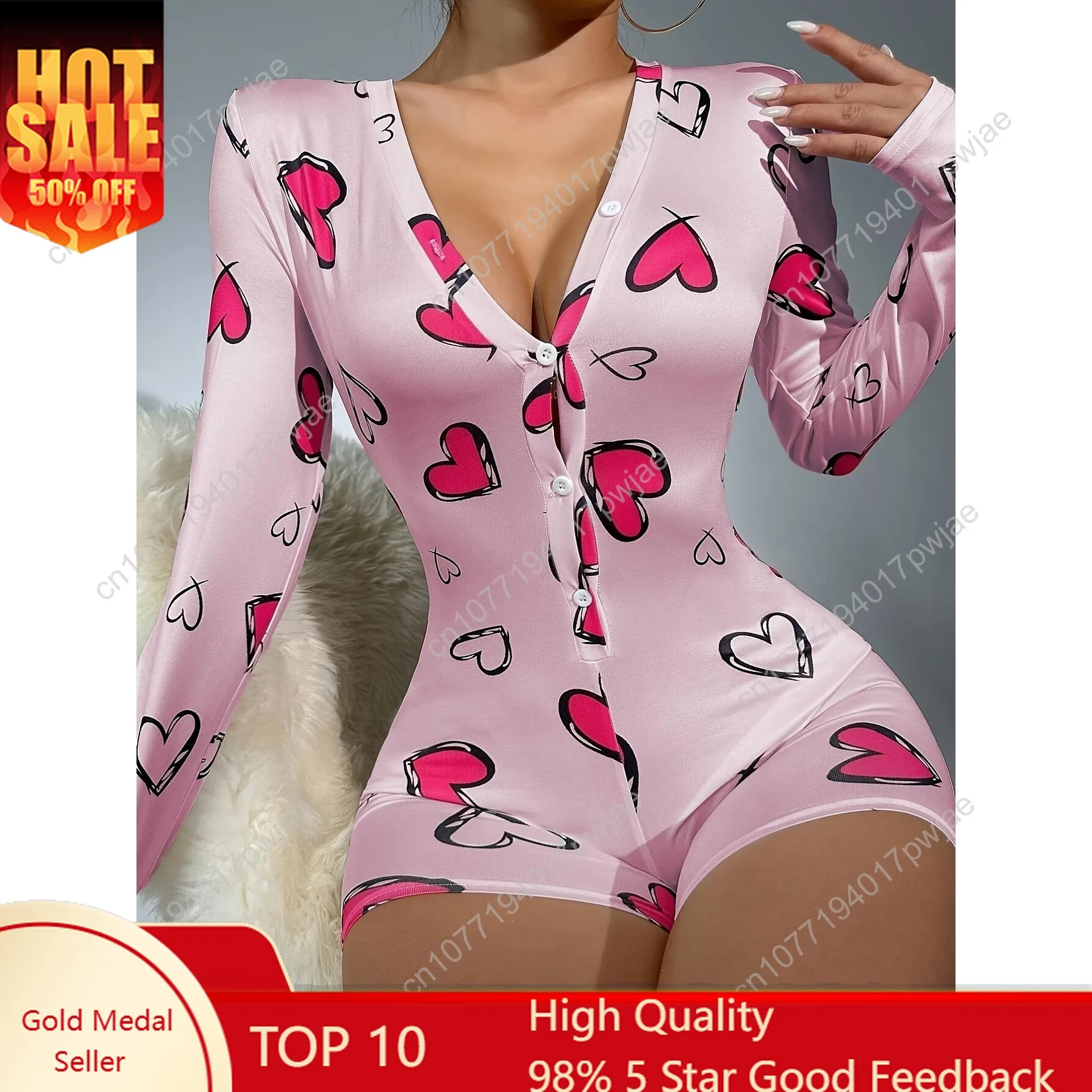 [1pc Pakaian Tidur Seksi Model Bodysuit V-Neck] 1pc Pakaian Tidur Wanita Seksi Model Bodysuit V-Neck Lengan Panjang, Motif Hati Rajutan Poliester