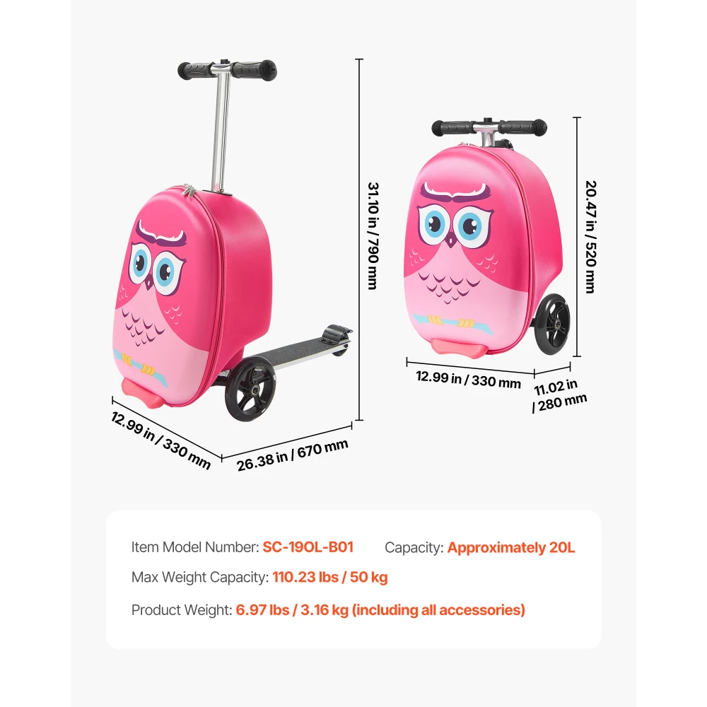 20 Inch Kids Ride on Scooter Luggage, Pink Children Rolling Suitcase with Flash Light Wheels, Portable Play Travel Scooter Suitcase for Girls Short Trips
