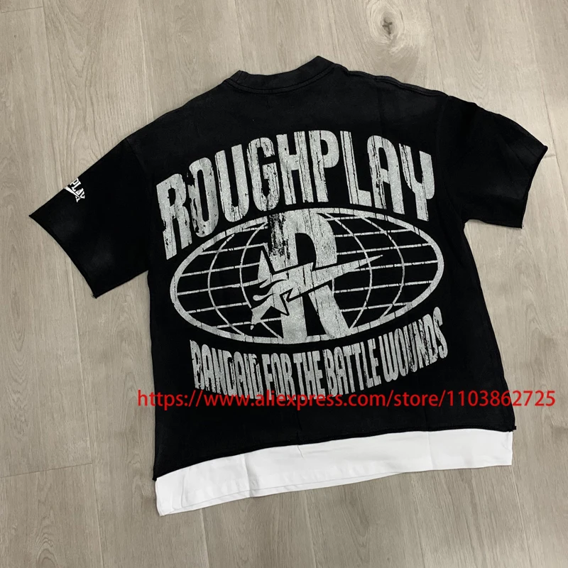 Roguh Play Short Sleeve Tee Patchwork Do Old Perforated Shining Diamond ROUGH PLAY T-shirt  Men Clothing