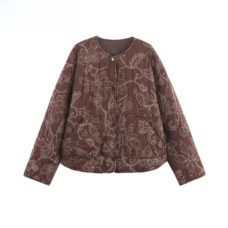 

ZBZR Faionable Embroidered Coat Jaet Women's Autumn Winter New Sle Long Sve round Ne Polyester Fiber Outerwear