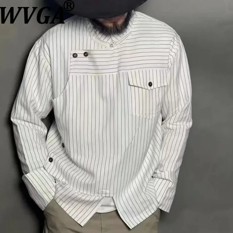 

WVGA весна осень новые мужские модные полосатые рубашки с длинными рукавами нишевые шикарные повседневные топы с воротником-стойкой уличная одежда Ins Y2K W16845