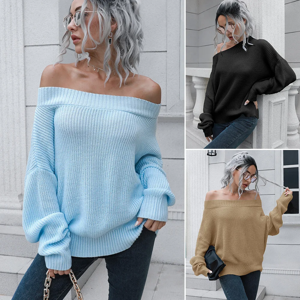 

One-neck off-the-shoulder sweater women's loose long-sleeved sweater explosions new European and American sweaters