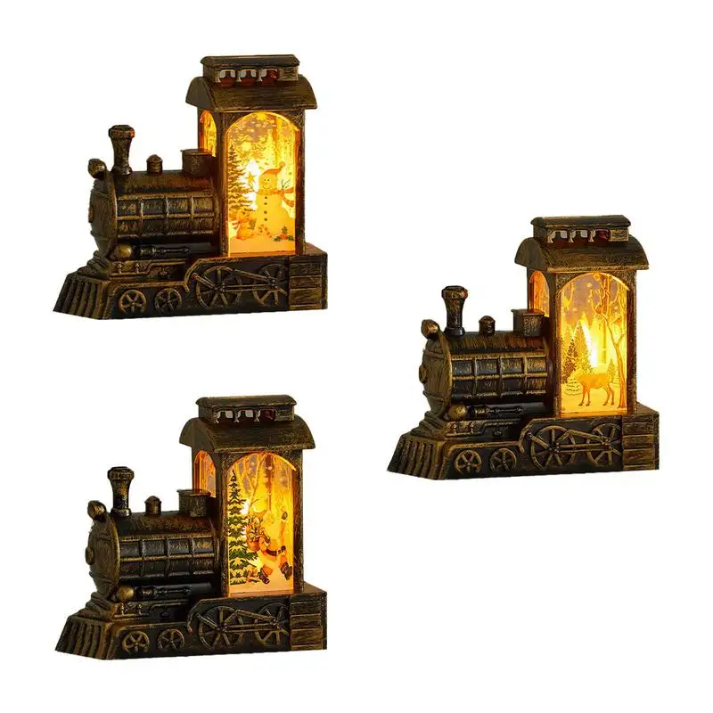 Christmas Snow Globe Lantern Train Christmas Small Train Statue With LED Snow Globe Swirling Water Glitter Winter Holiday