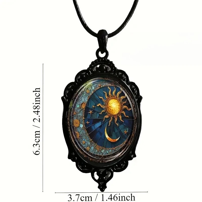 Enchanting Oval Glass Pendant Necklace with Black Frame Sun and Moon Pendant