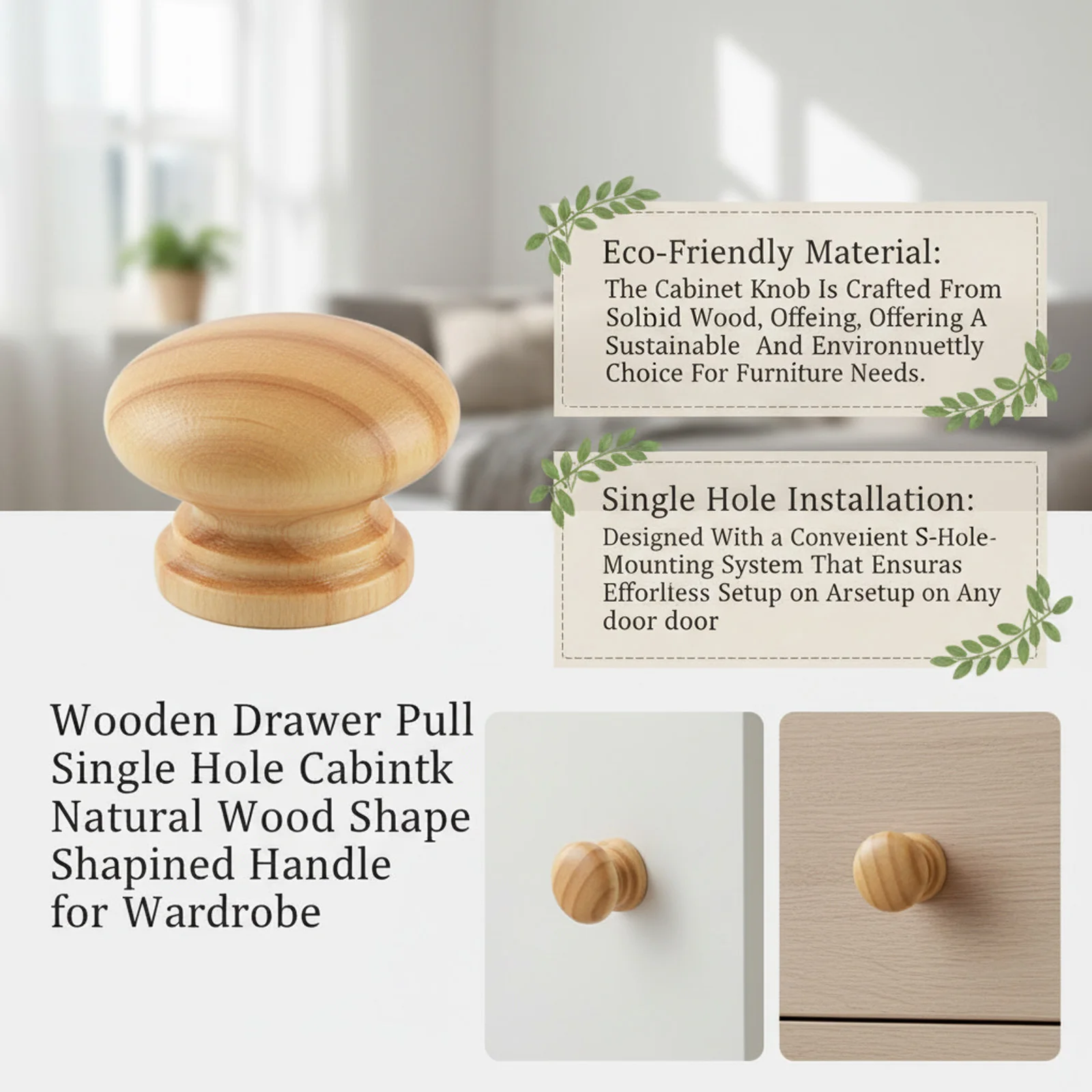 1PC Cabinet Knob Natural Wood Mushroom Shape Handle for Wardrobe Dresser Cupboard Furniture Hardware DIY Home Decor Accessories