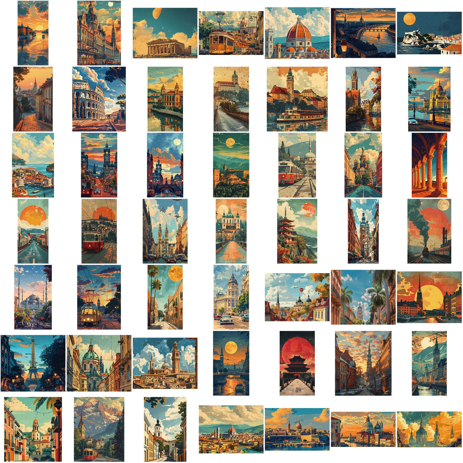 50 pz Retro paesaggio pittura Graffiti adesivi fai da te telefono chitarra Laptop Notebook valigia tazza adesivo impermeabile giocattolo per bambini