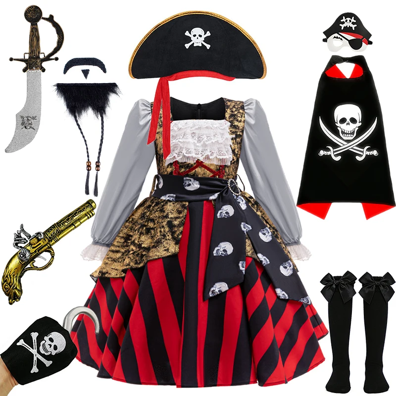 Vintage Girls Pirate Princess Dress Halloween Cosplay Captain Jack Masquerade Children's Costume Kids Stage Performance Uniform