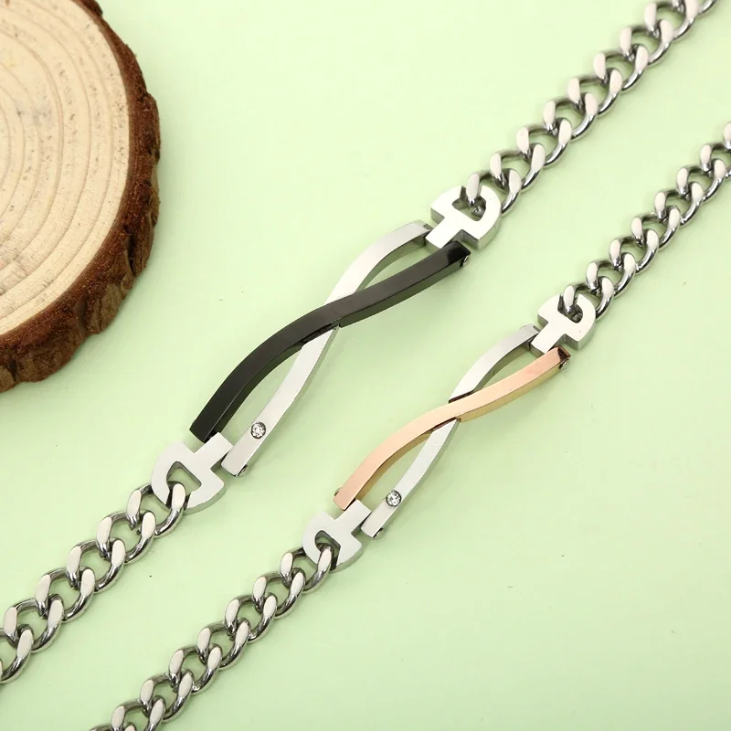 

Fashion Punk Rose Gold Cross Zircon Crystal Charm Couple Stainless Steel Paired Bracelets Women Men Jewelry Wholesale