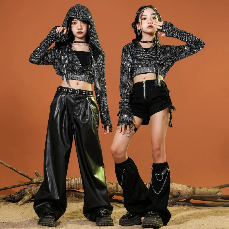New Jazz Dance Costumes Exposed Navel Girls Black and Silver Sequins Children's Street Dance Costumes