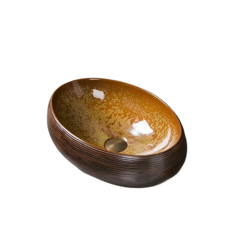 

Creative kiln-changed glaze brown stage basin oval personalized wash basin balcony art single basin