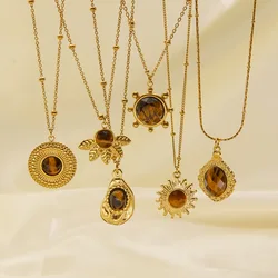 V. Stainless Steel Maillard Style Yellow Tiger Stone 14K Gold Retro Women Necklace Chain Women Necklace Fashion Jewelry