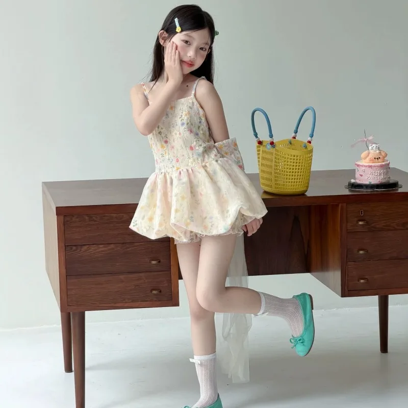 Girls Floral Suspender Dress Floral Bud Pants Set 2026 Summer Bow Mesh Trailing Princess Birthday Dress