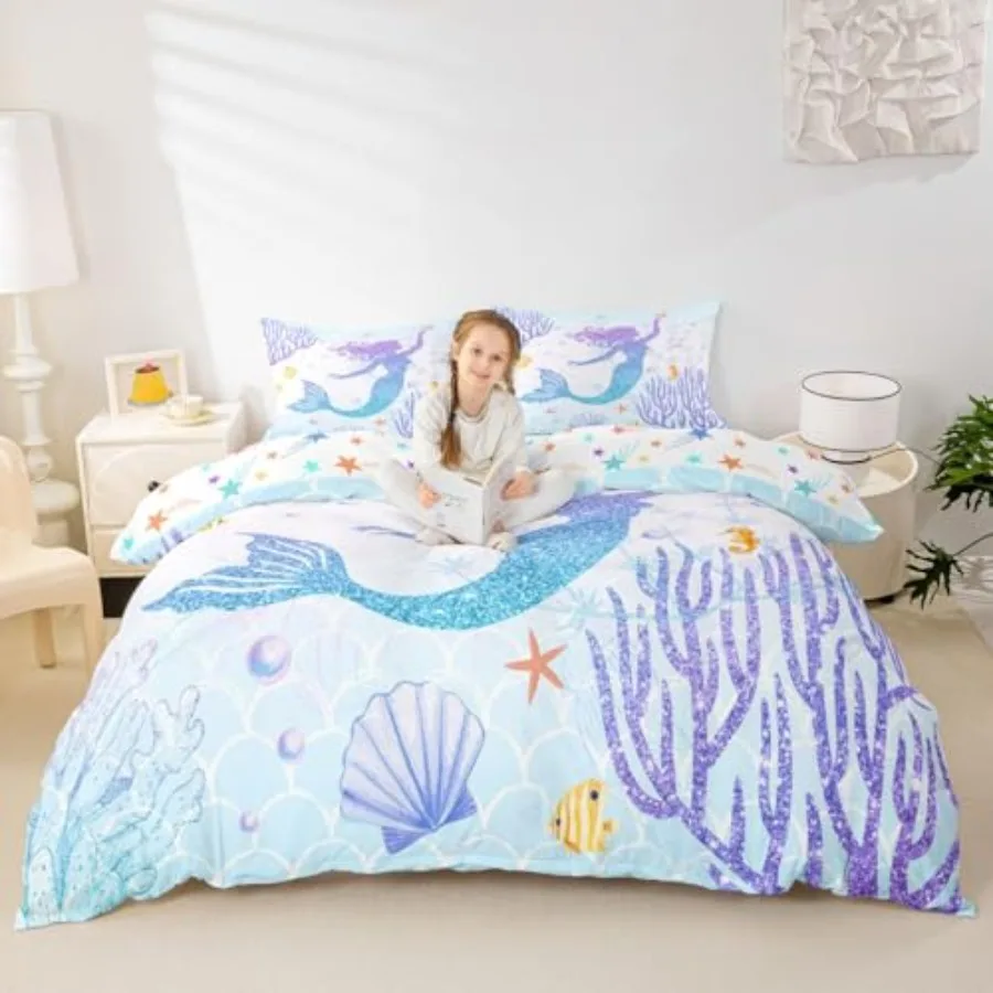 Bedding Set Full Size Rainbow Watercolor Glitter Duvet Cover Set for Girls Women Teens Room Decor, Fish Scale Comforter Cover O