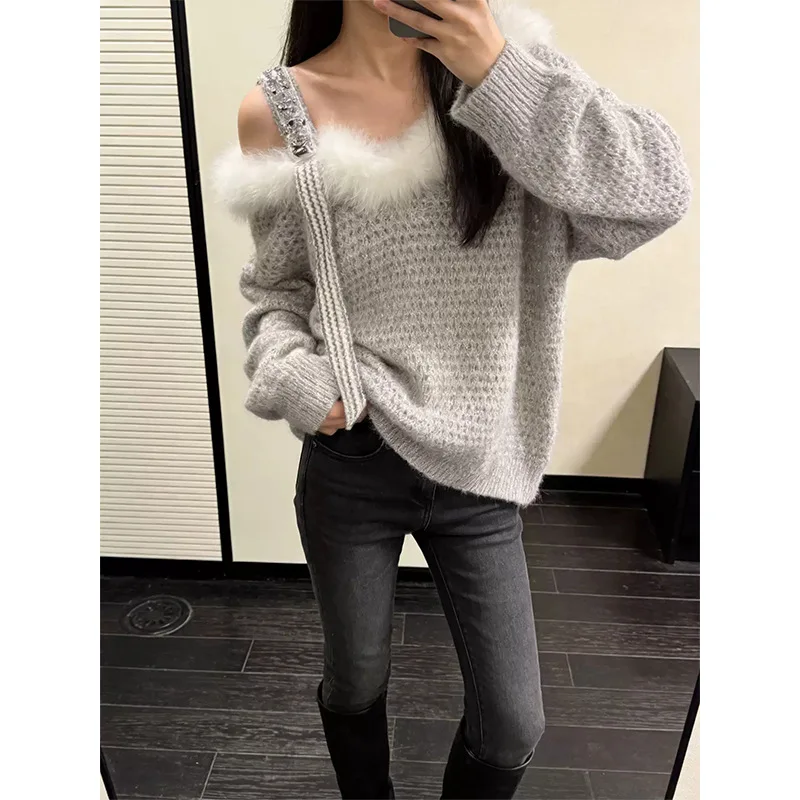 Women Furry Fur Trim Off Shoulder Sweater Rhinestone Strap Long Sleeve Knit Slash Neck Pullover Fall Winter Knitwear
