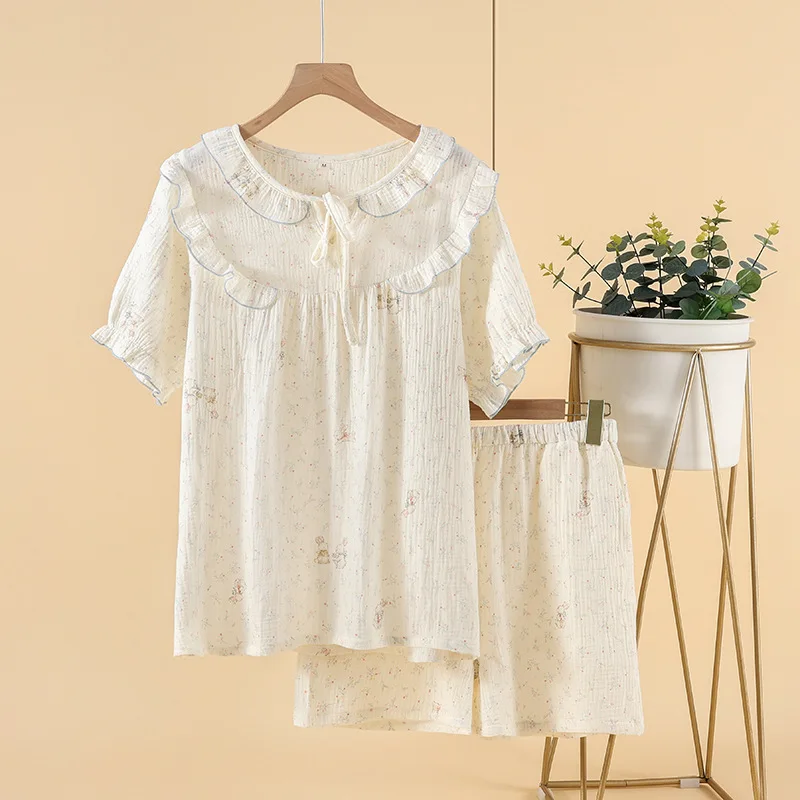 Women's Cotton Crepe Cloth Small Fresh Floral Sweet Home Nightdress Short Sleeve Shorts Pajamas Round Neck Loose Leisure Pijamas