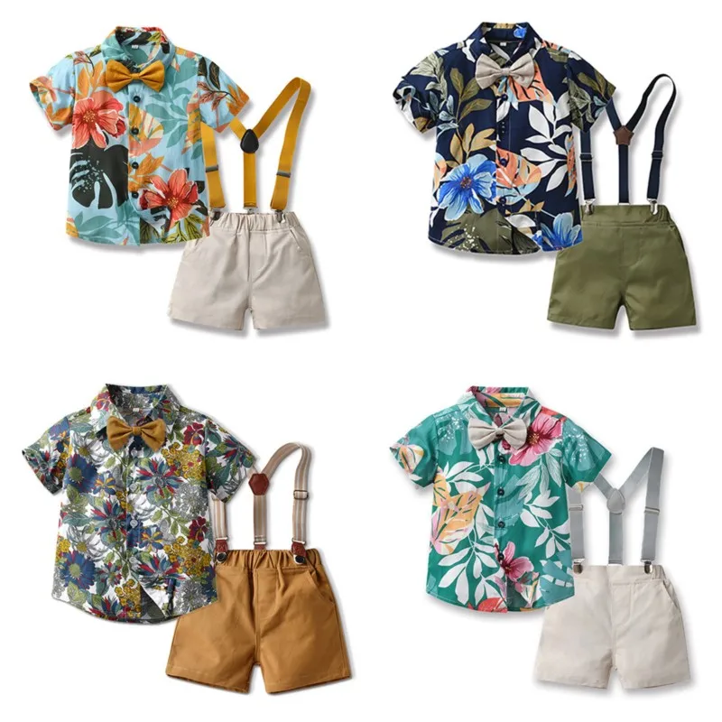 

Children's summer beach style print short-sleeved cardigan fashion suspender shorts two-piece set