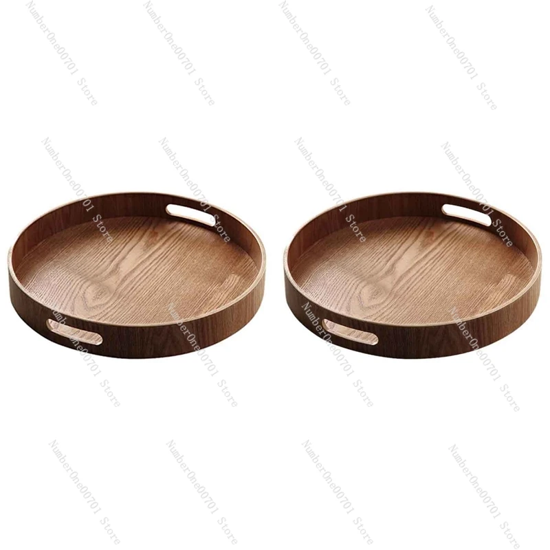 

2X Round Serving Bamboo Wooden Tray For Dinner Trays Tea Bar Breakfast Food Container Handle Storage Tray 2 & 3