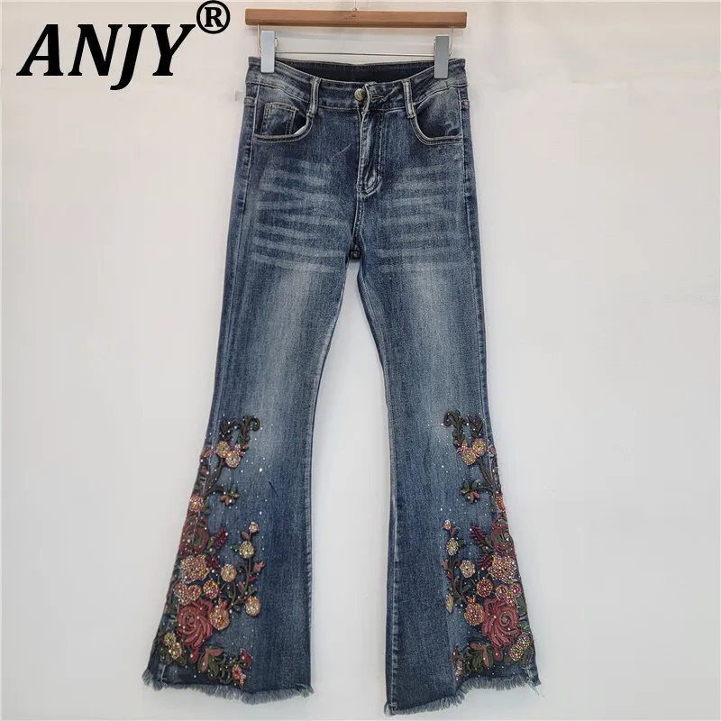 ANJY Autumn Winter New Women Fashion Embroidery Floral Beaded Flared Jeans Slim Fit Chic Tide Stretch Elegant Denim Pants A16125