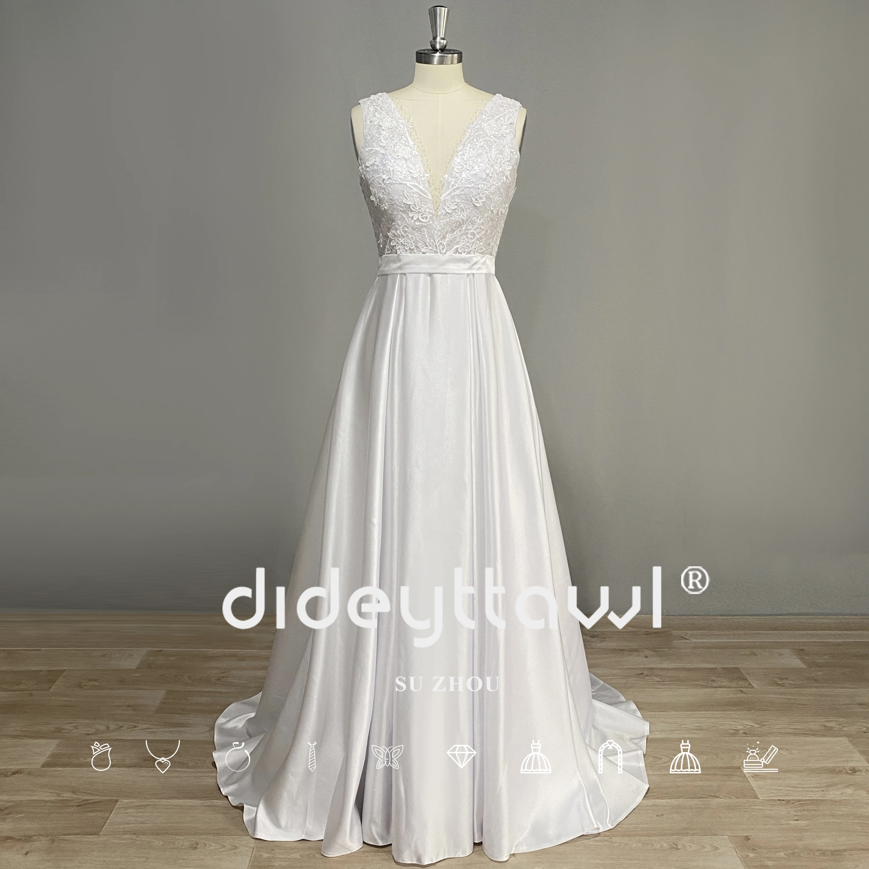 DIDEYTTAWL Real Photos V Neck Beaded Lace Boho Wedding Dress 2023 Sleeveless Satin A Line Sweep Train Bridal Gown