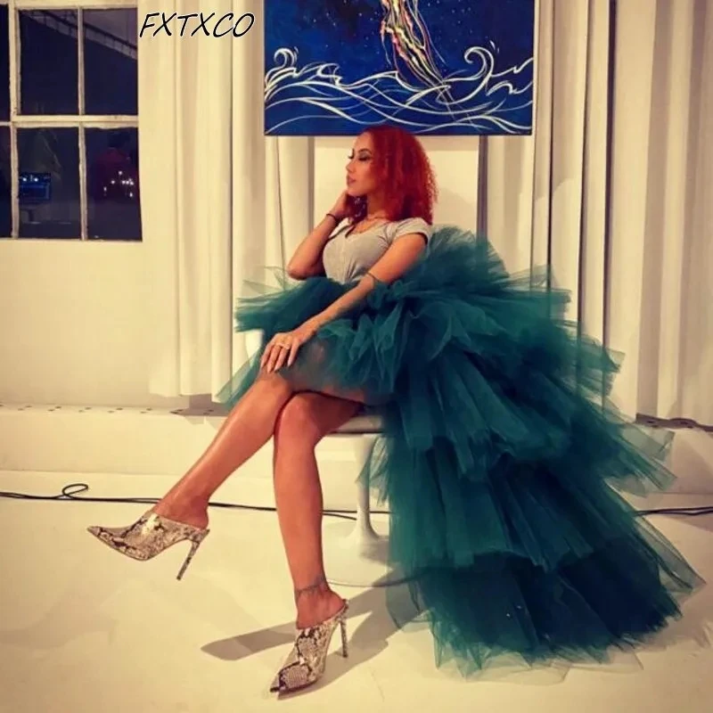 

Hunter Green Puffy Tulle Skirts Tiered Tutu Skirts High Low Faldas Saia Custom Made Color And Size Tiered Fashion Skirt