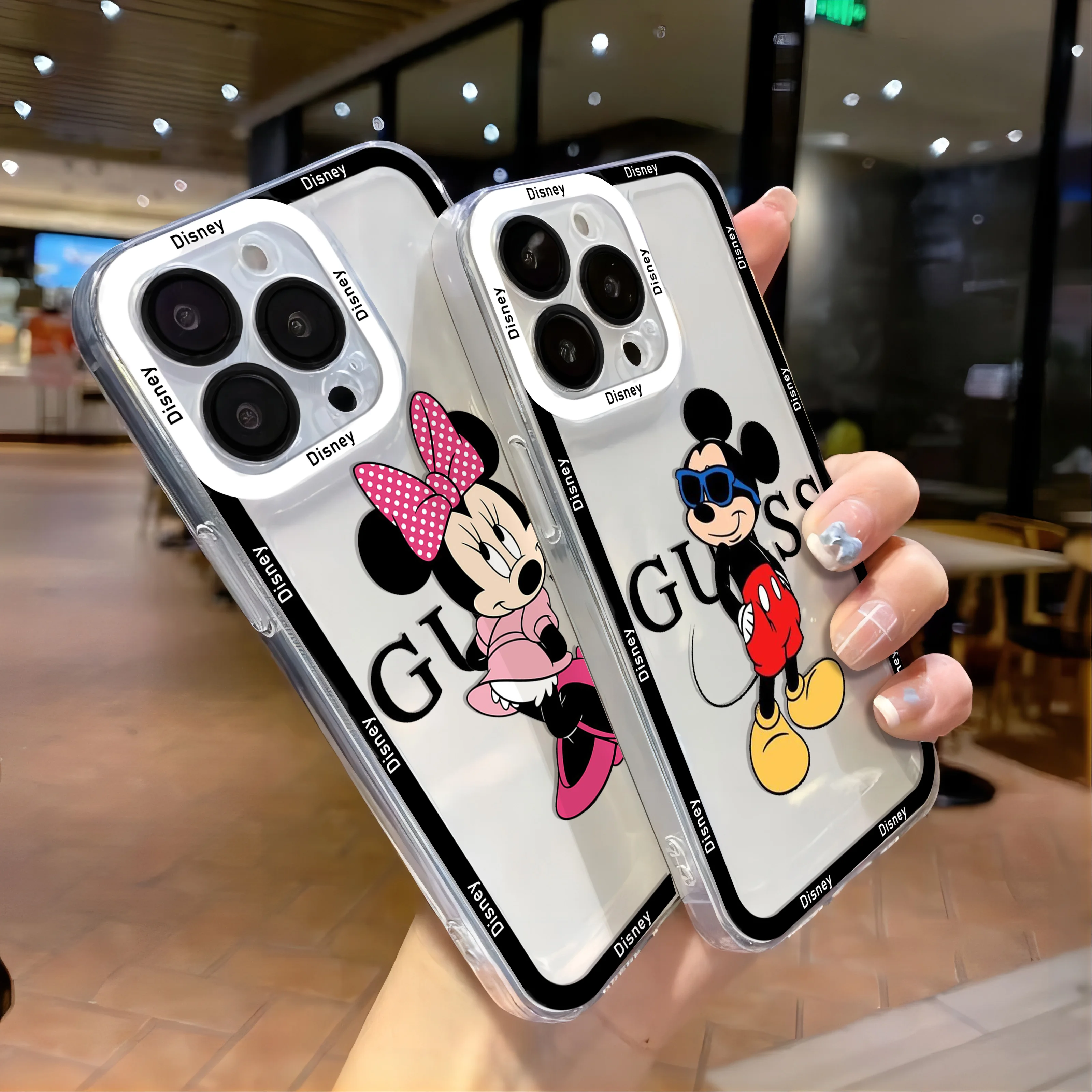 Funda de Mickey y Minnie para iPhone, carcasa transparente para iPhone 16, 15, 14, 13, 12, 11 Mini Pro Max, X, XR, XSMax, 7, 8 Plus, SE20