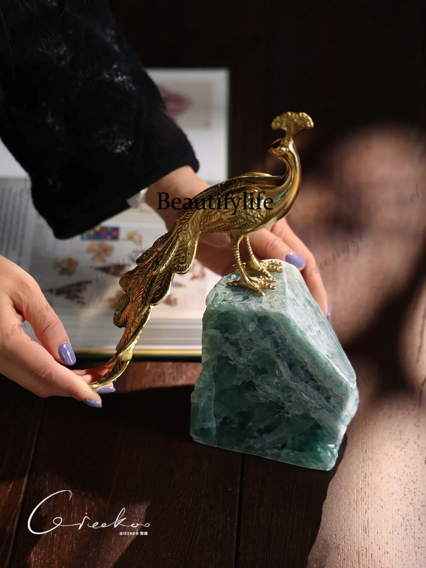 A4567Natural fluorite peacock shipping brass ornament living room entrance desktop niche art light luxury decoration