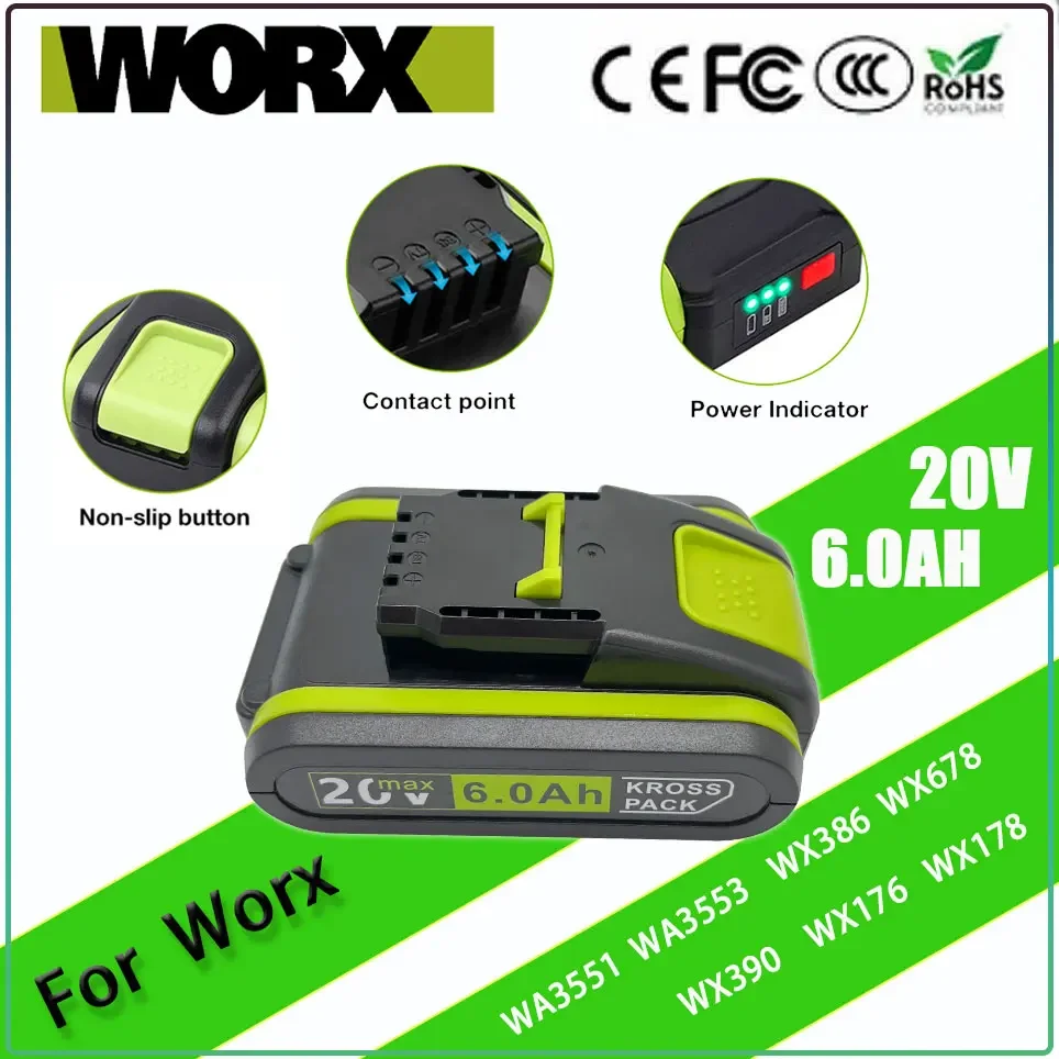 

Worx New Power Tools Rechargeable Replacement Lithium Battery 20V 6000mAh for Worx WA3551 WA3553 WX390 WX176 WX178 WX386 WX678