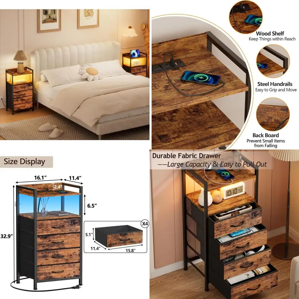 

LED-lit Charging Station Nightstand with Fabric Bins, Rustic Wooden Side Table for Bedroom