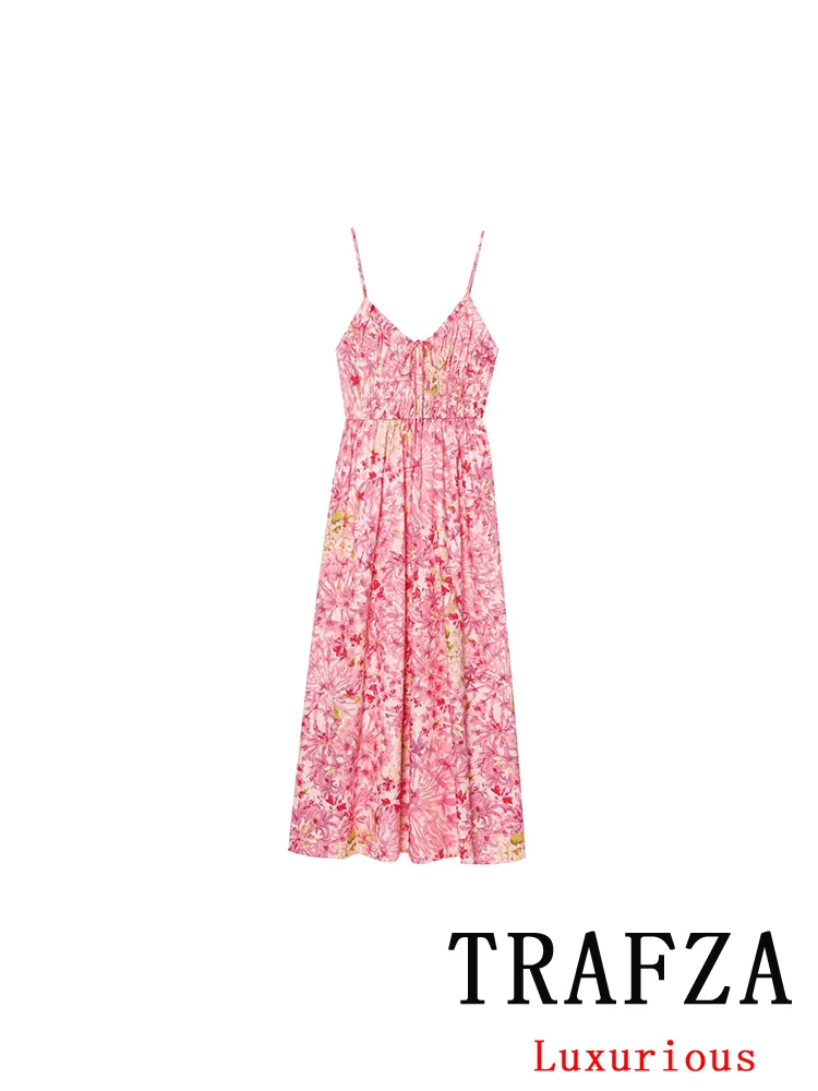 

TRAFZA Vintage Sweet Chic Women Cami Dress Pink Floral Print Bow Lace-up Midi Dress New Fashion 2025 Spring Summer Holiday Dress